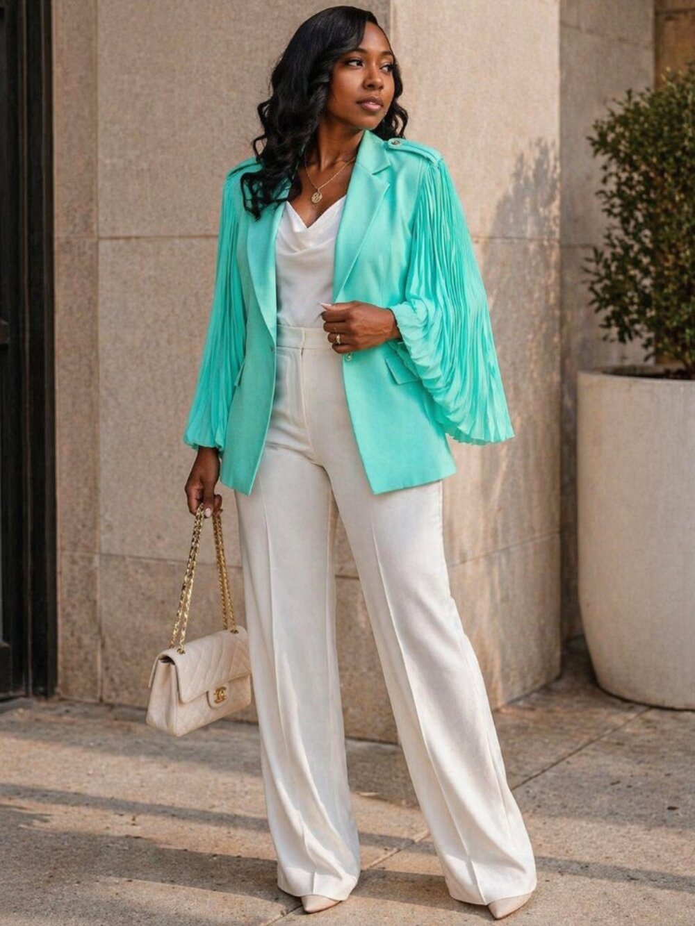 NWT Ashley Stewart Mint Green Pleated Sleeve Fringe Blazer Size 26 Plus Size